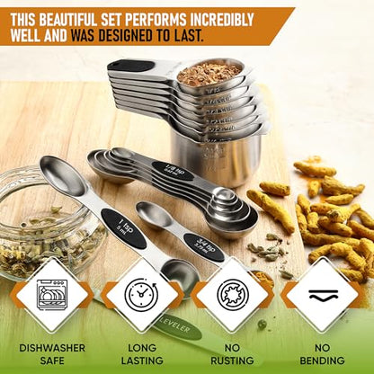 Spring Chef Magnetic Measuring Cups & Spoons Set, Patented, Strong N45 Magnets, Heavy Duty Stainless Steel Fits in Spice Jars for Baking & Cooking, BPA Free, Round Set of 15 with Leveler, Black - color: Black, size: Set of 15