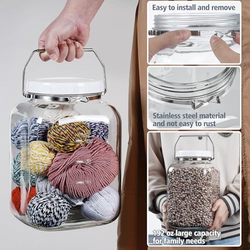2 Pack 1.5 Gallon Glass Jar with Lid Wide Mouth, Large Mason Jar with Airtight Screw Lid and Handle, Clear Glass Storage Containers with 2 Scale Mark for Flour, Cookie, Candy, Kombucha and Fermention