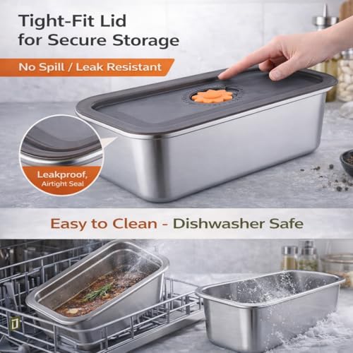 2 Pack Stainless Steel Marinade Containers with Lid, 5.6 Qt Meat Marinating & Brining Containers, Food Grade BPA Free Brisket Brine Tub, Dishwasher Safe Meat Container for BBQ & Food Storage