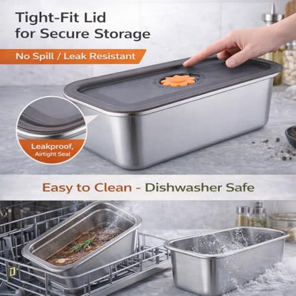 2 Pack Stainless Steel Marinade Containers with Lid, 5.6 Qt Meat Marinating & Brining Containers, Food Grade BPA Free Brisket Brine Tub, Dishwasher Safe Meat Container for BBQ & Food Storage