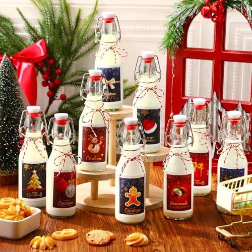 Havawish 16 Pcs Merry Christmas 8 oz Coquito Swing Top Glass Bottles with Airtight Cap Lids Labels Clear Flip Top Bottles with Stoppers for Homemade Christmas Home Brewing Beer Beverages(Warm) - style: Warm