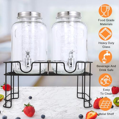 1 Gallon Glass Drink Dispensers For Parties-Set of 2,Drink Dispenser with Fruit Infuser & Stand,Juice or Beverage Dispenser for BBQ, Picnic, Party,Laundry Detergent Dispenser - size: 1 Gallon Double With Stand