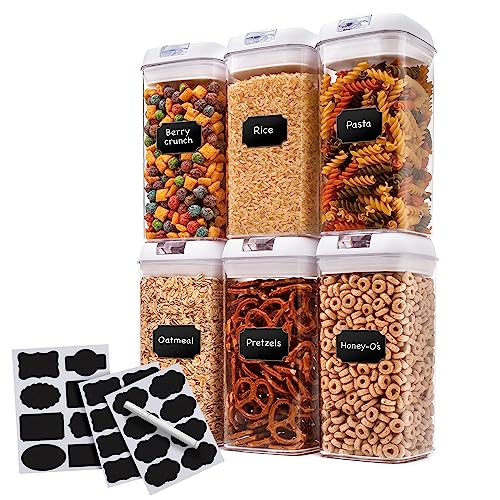 Set of 6 Airtight Food Storage Containers - Pantry Organizer Bins, BPA Free Plastic Containers plus Dry Erase Marker and Labels, White - color: White