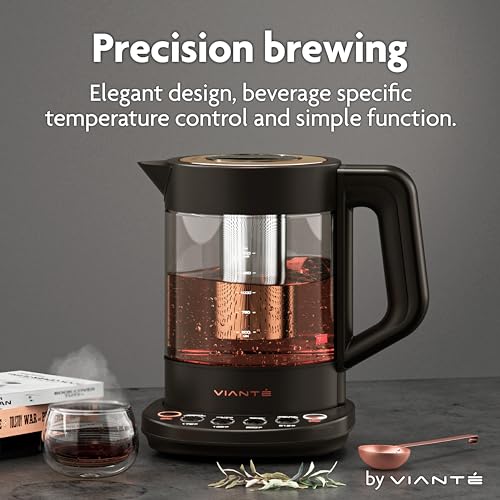 Viante Alba Electric Tea Kettle With Infuser, No Plastic, 1.5L, Black | Borosilicate glass & 304 stainless steel construction. 4 temp presets, keep-warm, cordless, auto shut-off - style: Black