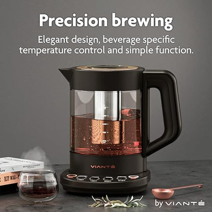 Viante Alba Electric Tea Kettle With Infuser, No Plastic, 1.5L, Black | Borosilicate glass & 304 stainless steel construction. 4 temp presets, keep-warm, cordless, auto shut-off - style: Black