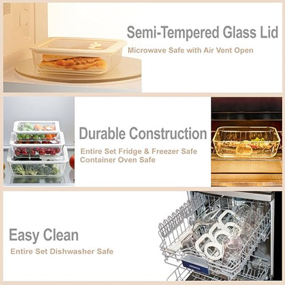 Urban Green Glass Food Container Set with Glass Lid, 4 Pack, Meal Prep Containers with Silicone Framed Airtight Lid, Leakproof, 100% Plastic Free, - color: White Sand-RD