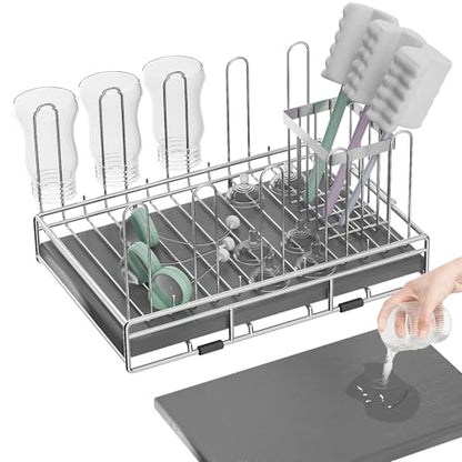 Baby Bottle Drying Rack Organizer Stainless Steel Large Countertop Glass Water Bottle Dryer Holder with Diatomite Stone Quick Dry Easy Clean and Brush Holder