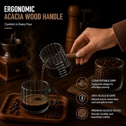 2 Pack Espresso Shot Measuring Cups 6oz, Clear & Grey Ribbed Glass Espresso Cups with Wood Handle, V-Shaped Spout, oz/ml Markings for Espresso, Milk Frothing, Latte and Coffee Bar - color: Clear + Gray (2 Pack)