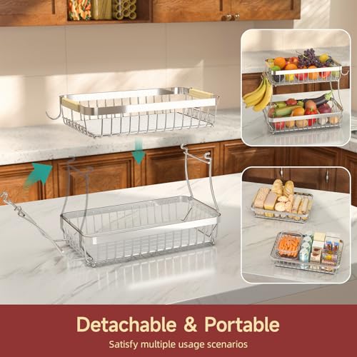 Sevenblue 2-Tier Fruit Basket with Banana Hangers, Detachable Metal Bowl | Wooden handle, protective mats included. Versatile holder for bread, snacks, and veggies. Large 2 tier metal design. - color: Silver, size: 2 Tier