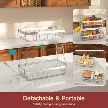 Sevenblue 2-Tier Fruit Basket with Banana Hangers, Detachable Metal Bowl | Wooden handle, protective mats included. Versatile holder for bread, snacks, and veggies. Extra Large 2 tier metal design. - color: Silver, size: 2 Tier Extra Large