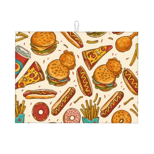 Different Kinds of Fast Foods Dish Drying Mat | For Kitchen Reusable Washable Large Dish Draining Mat 18x24 Inch Kitchens Decor - color: Different Kinds Of Fast Foods