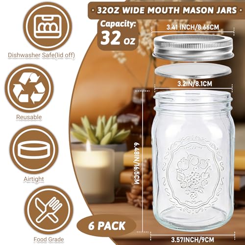 Alotpower Wide Mouth Mason Jars 32 oz - 6Pack Clear Glass Canning Jars | Quart Mason Jars with Airtight Lids & Bands for Pickling, Fermenting, Preserving, Meal Prep, and Dry Storage - color: 32fl.oz 6pack