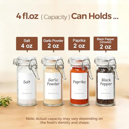 ComSaf Small Glass Spice Jars with Airtight Lids 4 oz 12 Pack with Labels | Seasoning herbs powders, Salt pepper chili, Spice rack cabinet organization, Small size, Funnel included, DIY crafts gifts - size: 4oz*12