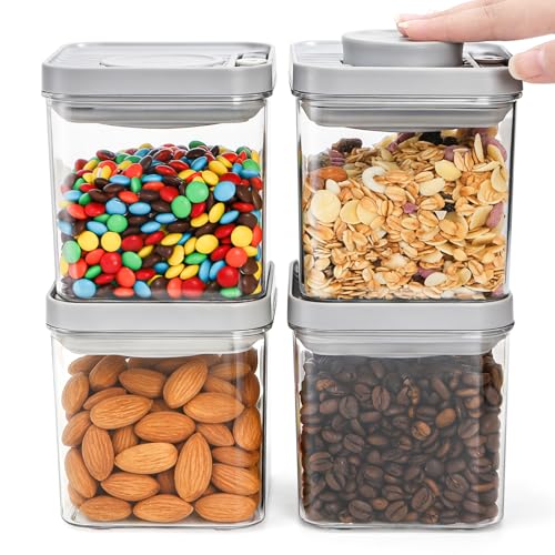 WRINGKIT Set of 4 Airtight Food Storage Containers, 0.58 Qt Small Cereal Snacks Container with Lids, Leak Proof Stackable Flour Sugar Canisters for Pantry, Spices, Candy, One Button Opening, 550ml