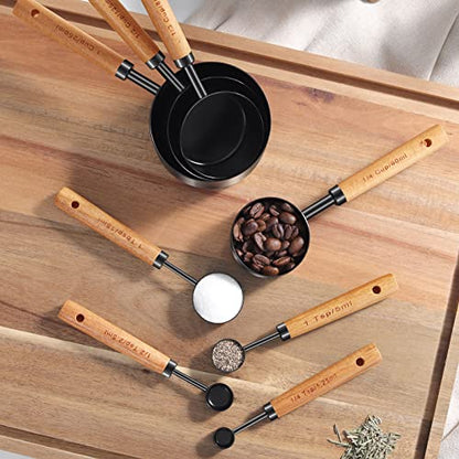GuDoQi 8Pcs Measuring Cups and Spoons Set, Wooden Handle, Premium Stainless Steel with Metric & US Measurements, Nesting for Dry/Liquid Kitchen/Food/Baking, Black - color: Black