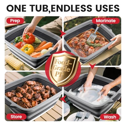 BBQ Prep Tub 3-IN-1 Large 30L Collapsible Cutting Board with Lid for Grill Meal Prep Marinating Food, Camping Sink with Colander, Dish Basin, Storage Blanket for Camping Picnic BBQ Grilling, Black - color: Black 30L