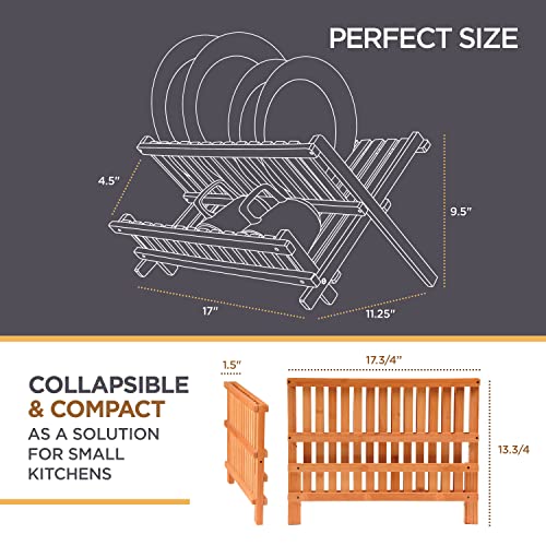 Bambüsi Collapsible Dish Drying Rack - 2 Tier Bamboo Dish Rack Dish Drainer for Kitchen Counter, Foldable Wooden Drying Rack for Plates Cups Bowls Utensils, No Assembly Folding Rack for Apartment, RV - style: Dish Rack