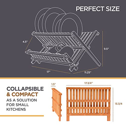 Bambüsi Collapsible Dish Drying Rack - 2 Tier Bamboo Dish Rack Dish Drainer for Kitchen Counter, Foldable Wooden Drying Rack for Plates Cups Bowls Utensils, No Assembly Folding Rack for Apartment, RV - style: Dish Rack