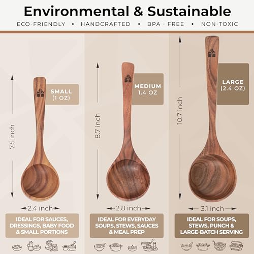 Wooden Ladle for Soup, 3 Size Teak Wood Ladle Spoon with Back Hooks for Pot & Bowl, Non-Stick Wooden Spoon Set for Cooking, Serving and Stirring - size: 3 Size Set