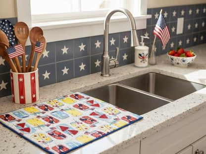 Serafina Home Patriotic Dish Drying Mat, Mason Jar Design, Red White Blue, Cotton, 15" x 20", Machine Washable, 4th of July Kitchen Décor - color: patriotic mason jars