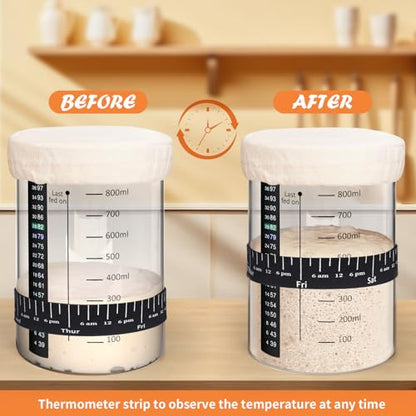 Kmise 2 Pack Pro Sourdough Starter Jar, 34 Oz Large Capacity DIY Glass Sourdough Starter Jar Kit With Thermometer, Date Marked Feeding Band, Cloth Cover, Spatula and Cutter - Reusable baking supplies - color: White