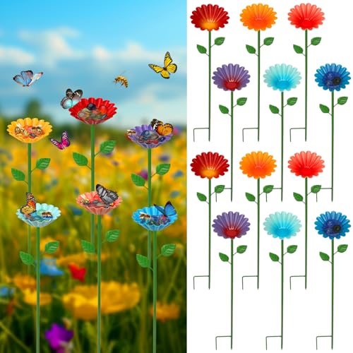 12 Pack Bee Watering Station, Bee Feeder for Garden Metal Butterfly Water Feeder Colorful Flower Design Bath Bowl with Glass Beads for Pollinators Outdoor Garden Yard & Patio Decor - size: 12 Pack