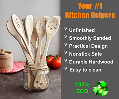 ECOSALL 6 Healthy Wooden Spoons For Cooking – Safe & Reliable Kitchen Set | 100% Natural, Uncoated, Unfinished Solid Hard Wood Utensils to Scrape, Stir, Serve, Turn, Flip & Mix Your Food. Nonstick Safe
