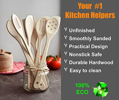 ECOSALL 6 Healthy Wooden Spoons For Cooking – Safe & Reliable Kitchen Set | 100% Natural, Uncoated, Unfinished Solid Hard Wood Utensils to Scrape, Stir, Serve, Turn, Flip & Mix Your Food. Nonstick Safe