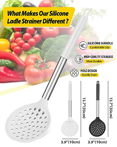 Kitchen Ladle Strainer Set of 2 Large Slotted Spoon with High Heat Resistant BPA Free Non Stick Cooking Skimmers For Draining and Frying (Black-White) - color: Black+White