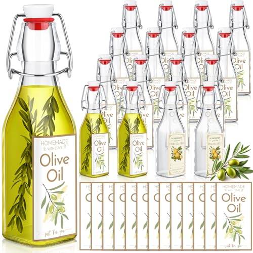Havawish 16 Pcs 8 oz Mini Olive Oil Bottles Homemade Swing Top Clear Flip Top Bottles with Airtight Lids Labels for Storing Homemade Olive Oil Wedding Baby Shower Favors(Square) - style: Square