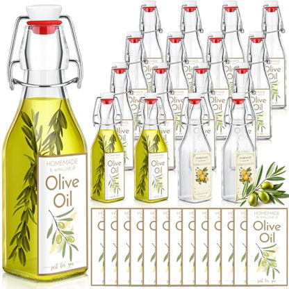 Havawish 16 Pcs 8 oz Mini Olive Oil Bottles Homemade Swing Top Clear Flip Top Bottles with Airtight Lids Labels for Storing Homemade Olive Oil Wedding Baby Shower Favors(Square) - style: Square