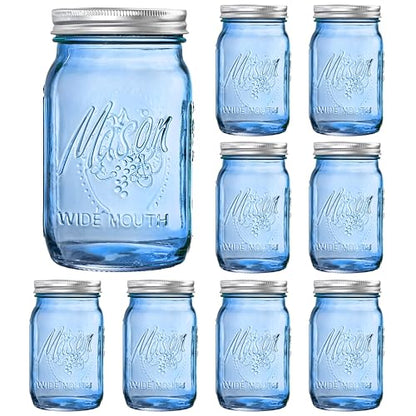 SUT Blue Wide Mouth Mason Jars 32 oz,9 Pack Glass Jars with Airtight lid, Canning jars for Preserving, Jam, Honey, Jelly, Wedding Favors, Sauces, Meal Prep, Overnight Oats, Salad - color: Blue