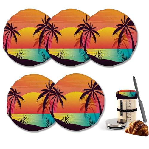 Tropical Palm Cloth Covers for Sourdough Starter Jars, Tree Sunset Heat Preservation to Increase Fermentation for Bread Sewn Cloth Cover for Sourdough Starter（5 Pack） - color: Tropical Palm