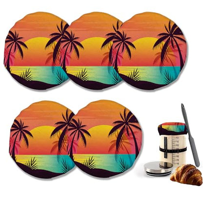 Tropical Palm Cloth Covers for Sourdough Starter Jars, Tree Sunset Heat Preservation to Increase Fermentation for Bread Sewn Cloth Cover for Sourdough Starter（5 Pack） - color: Tropical Palm