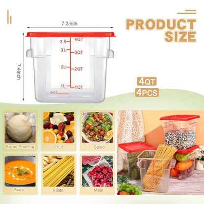 Maxcheck 4 Pcs 4qt Food Storage Container with Lids Bulk Clear Plastic Commercial Food Storage Bins with Scale Handle Space Saving Restaurant Tubs for Kitchen Prep Proof Dough(Red) - color: Red