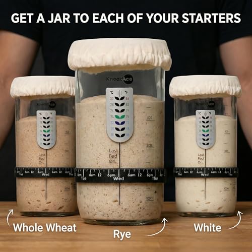 KNEADACE Sourdough Starter Jar With Date Marked Feeding Band, Thermometer, Sourdough Jar Scraper, Sourdough Container Sewn Cloth Cover & Metal Lid, Sourdough Starter Kit - color: 1 Pack