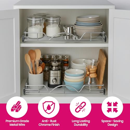 HOLDN’ STORAGE Pull Out Cabinet Organizer, 22”W x 21”D Cabinet Drawer | Heavy-Duty Caddy, Lifetime Limited Warranty, Steel Metal Cabinet Drawers, Chrome, Requires At Least 23-1/4” Cabinet Opening - size: 22"W x 21"D