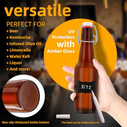 2Pcs Amber Beer Bottles with Flip Caps, 12oz Glass Bottle with Swinging Top for Airtight Lids, Home Brewing and Fermentation Kombucha, Vanilla Extract, Beverage, Water, Kefir