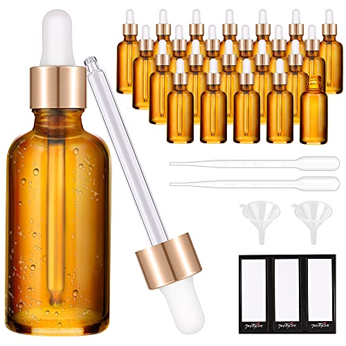 PrettyCare 1oz Glass Dropper Bottle Set of 24, Thick Amber Empty Bottles with Leakproof Golden Caps, Labels, Funnels - 30ml Eye Dropper Bottles for Storage, Essential Oils, Tincture - color: 1oz Amber, style: 24 Pack
