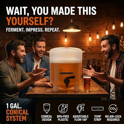 Premium Beer Kit Bonus with Bottles - Conical Fermenter Eliminates Sediment and Makes Great Tasting Home Made Beer - 1 Gal. Pilsner, Stout, and IPA Recipes