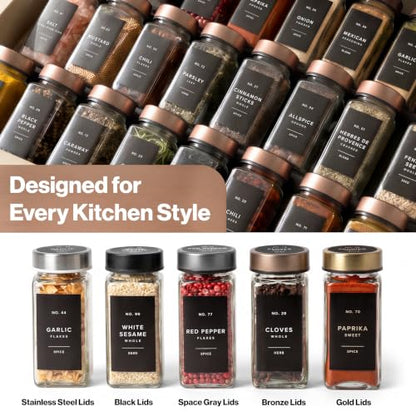 EDELHAUS Glass Spice Jars with Label, 24x Champagne Bronze Steel Lids | Airtight lids keep spices fresh; use as a spice organizer, seasoning containers or 4 oz jar set; funnel, brush & 240 labels - color: Champagne Bronze Stainless Steel Lid