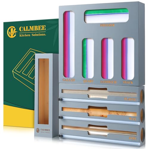 Calmbee 9 in 1 Bamboo Storage Bag Organizer for Kitchen Drawer – Plastic Wrap Dispenser with Cutter & Foil Organizer, Wooden Baggie Organizer for Sandwich, Snack, Gallon, Quart Sizes, Grey - color: Grey