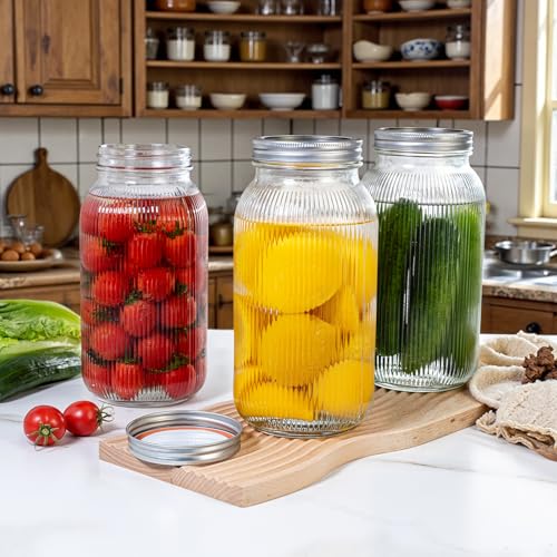 WELLIFE 64 OZ Mason Jars, 6 Pack Wide Mouth Mason Jars for Pickling, Canning, Fermenting and Food Storage, Microwave & Dishwasher Safe - color: Clear Stripe Mason Jars 64oz-6Pcs
