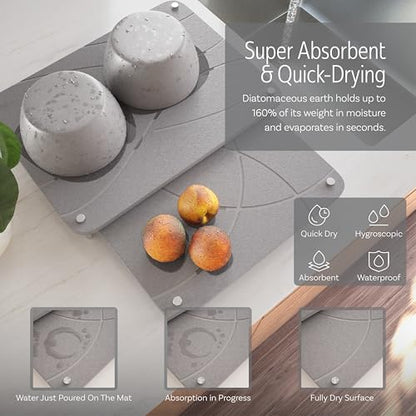Nested Stone Drying Mat for Kitchen Counter | Large 16"x12" Dish Drying Mat plus 13"x12" Diatomaceous Earth Stone Dish Drying Mat | Expands to 29” x 12” | Premium Stone Mat (Light Gray) - color: Light Gray