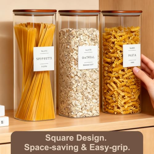 Wissy&Konny 3 Pack Square Glass Pasta Storage Containers with Walnut Wooden Airtight Lids, 70oz Tall Spaghetti Container Storage for Pasta,Spaghetti,Cereal,Space Saving Design(132 Pantry Labels)