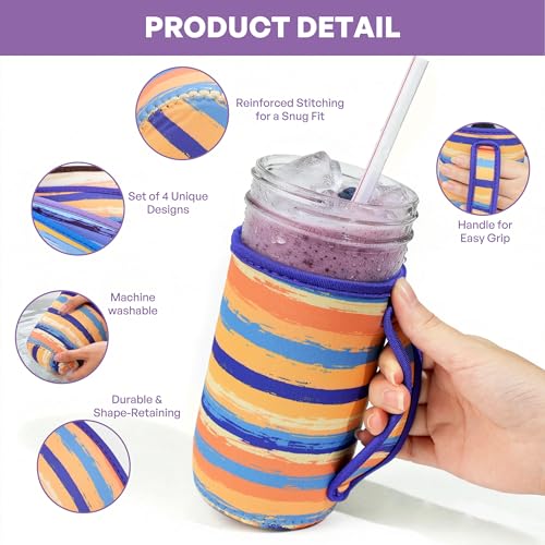 KJQJLY 4 Pcs Mason Jars Sleeves Neoprene 24oz Regular and Wide Mouth Mason Jar Sleeves Holder with Handle (rainbow, 24 OZ) - color: rainbow, size: 24 OZ