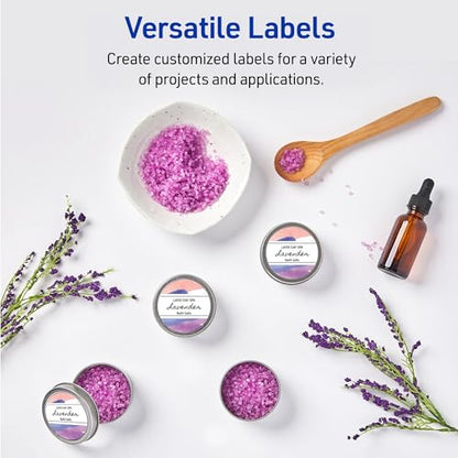 Avery Durable Waterproof Labels, Sure Feed Technology, 2" Diameter, Matte White, Laser/Pigment-Inkjet Printable, 96 Blank Labels, Great for Food Containers, Product Merchandising, and More (5657)