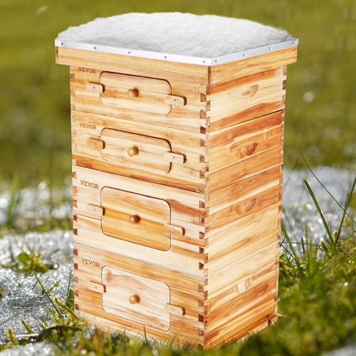 VEVOR 10 Frame Bee Hive, Beeswax Coated Fir Wood, Bee Hives Starter Kit,2 Deep + 2 Medium Bee Boxes Langstroth Beehive Kit, Transparent Acrylic Windows with Foundations for Beginners Pro Beekeepers - size: Deep Box x 2+ Medium Box x 2