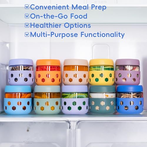 Gemice 6-Pack 10 oz Overnight Oats Containers with Lids and Silicone Sleeves, Glass Mason Jars with Airtight Lid, Dishwasher Safe, Wide Mouth Chia Seed Pudding Meal Prep Jar for Yogurt Berries Snack - color: Retro Pastel, size: 10oz, 6-Pack