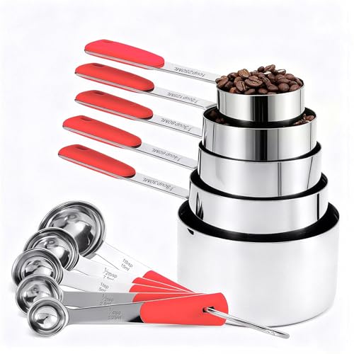 Bopei Measuring Cups and Spoons Set Stainless Steel 10 Piece for Cooking and Baking (5 Cups + 5 Spoons, Red Handle) - color: Red